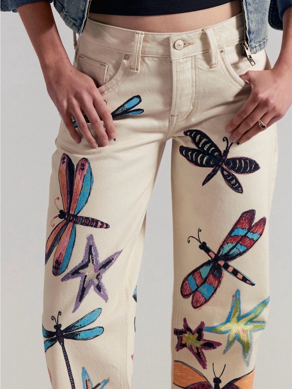 We The Free Cream Bootcut Jeans with Colorful Dragonfly & Star Embroidery - Picture 2 of 13